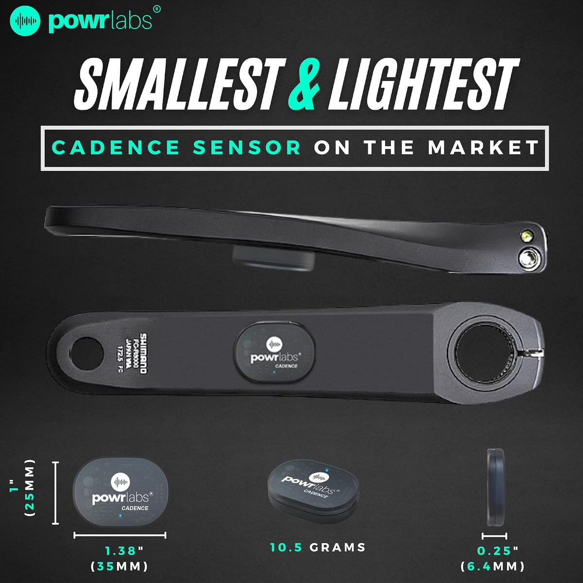 Powr Labs bike cadence sensor – Smallest and lightest cadence sensor on the market: 1.38 in (35 mm) across, 10.5 grams, 0.25 in (6.4 mm) thick