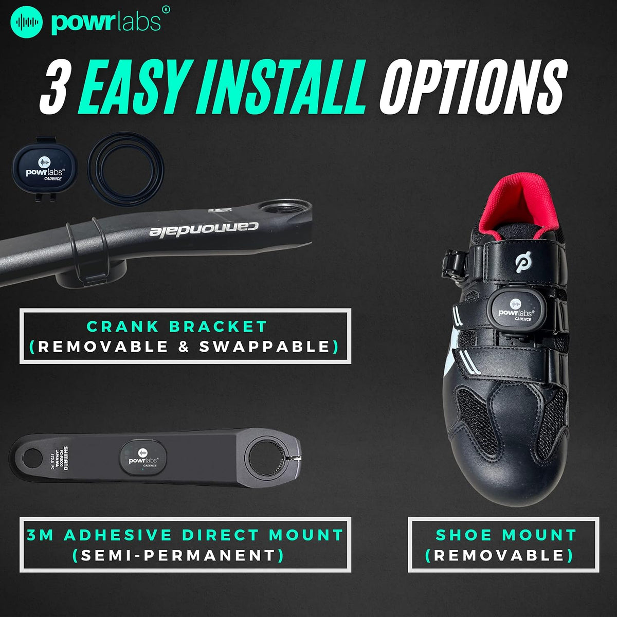 Powr Labs bike cadence sensor – 3 easy install options: removable crank bracket, 3M adhesive direct mount, removable shoe mount