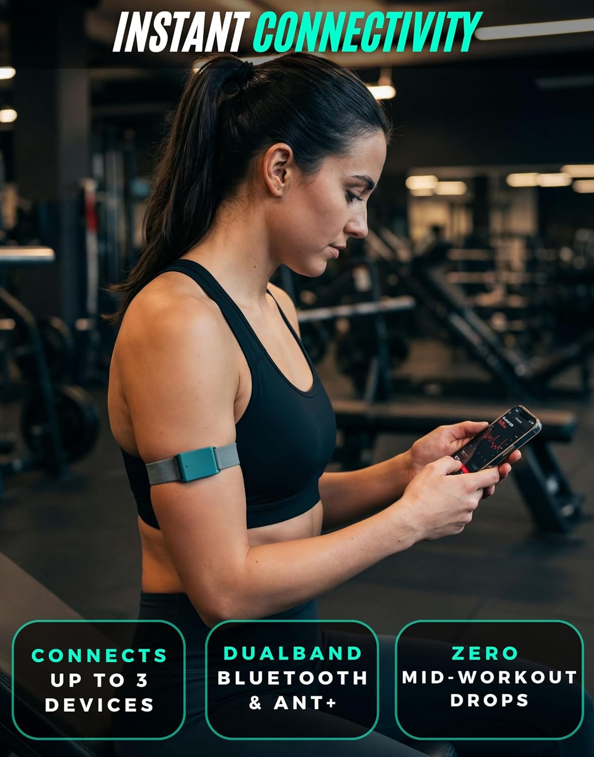 Powr Labs armband heart rate monitor – Instant connectivity: connects up to 3 devices at once over dual-band Bluetooth and ANT+ with zero mid-workout drops