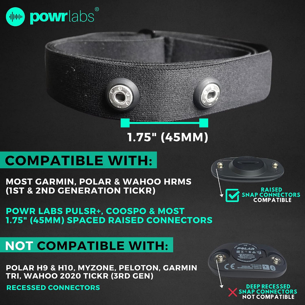 Replacement chest strap compatibility: 1.75 in raised snap connectors, fits most Garmin, Polar and Wahoo monitors