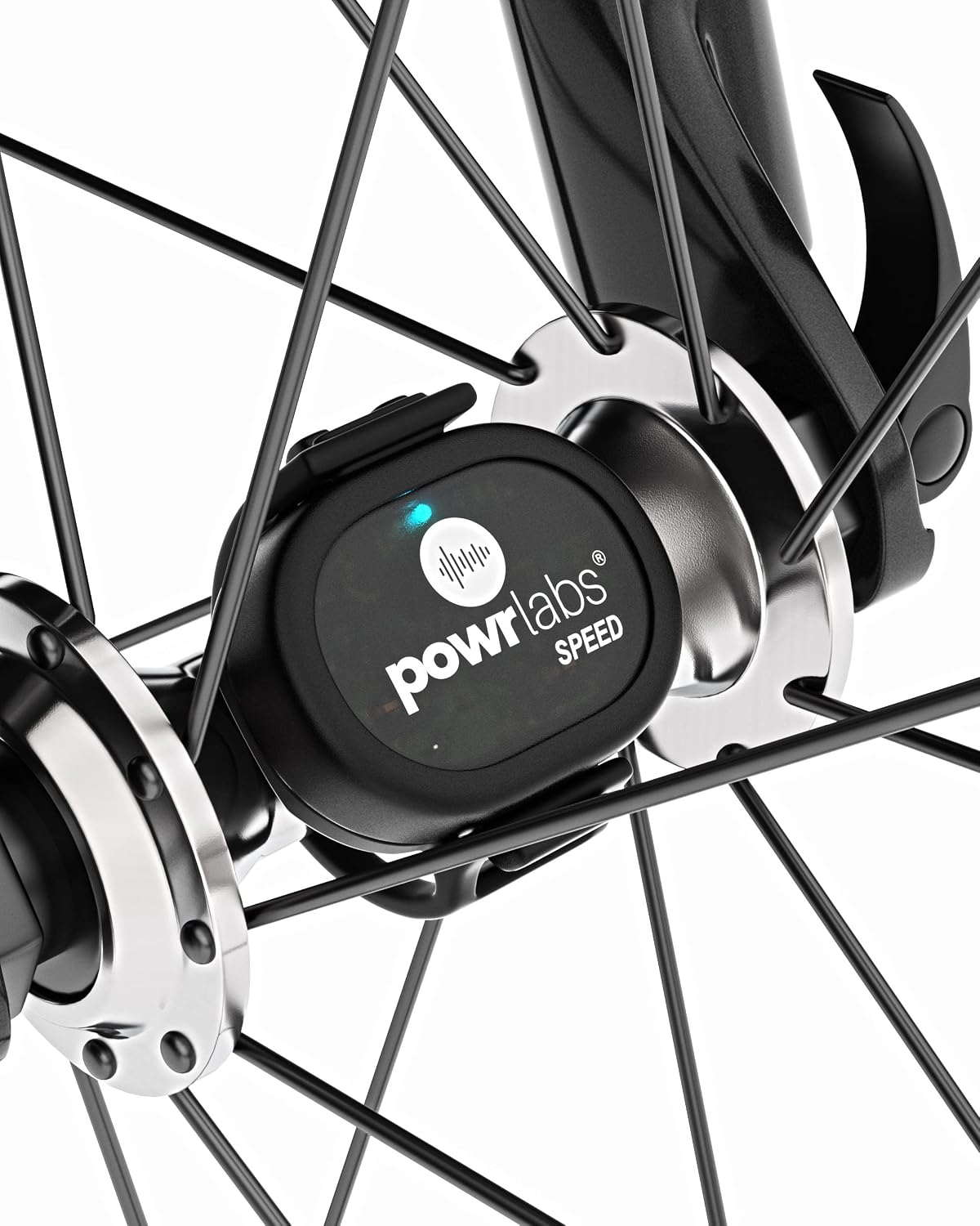 Powr Labs bike speed sensor mounted on a wheel hub