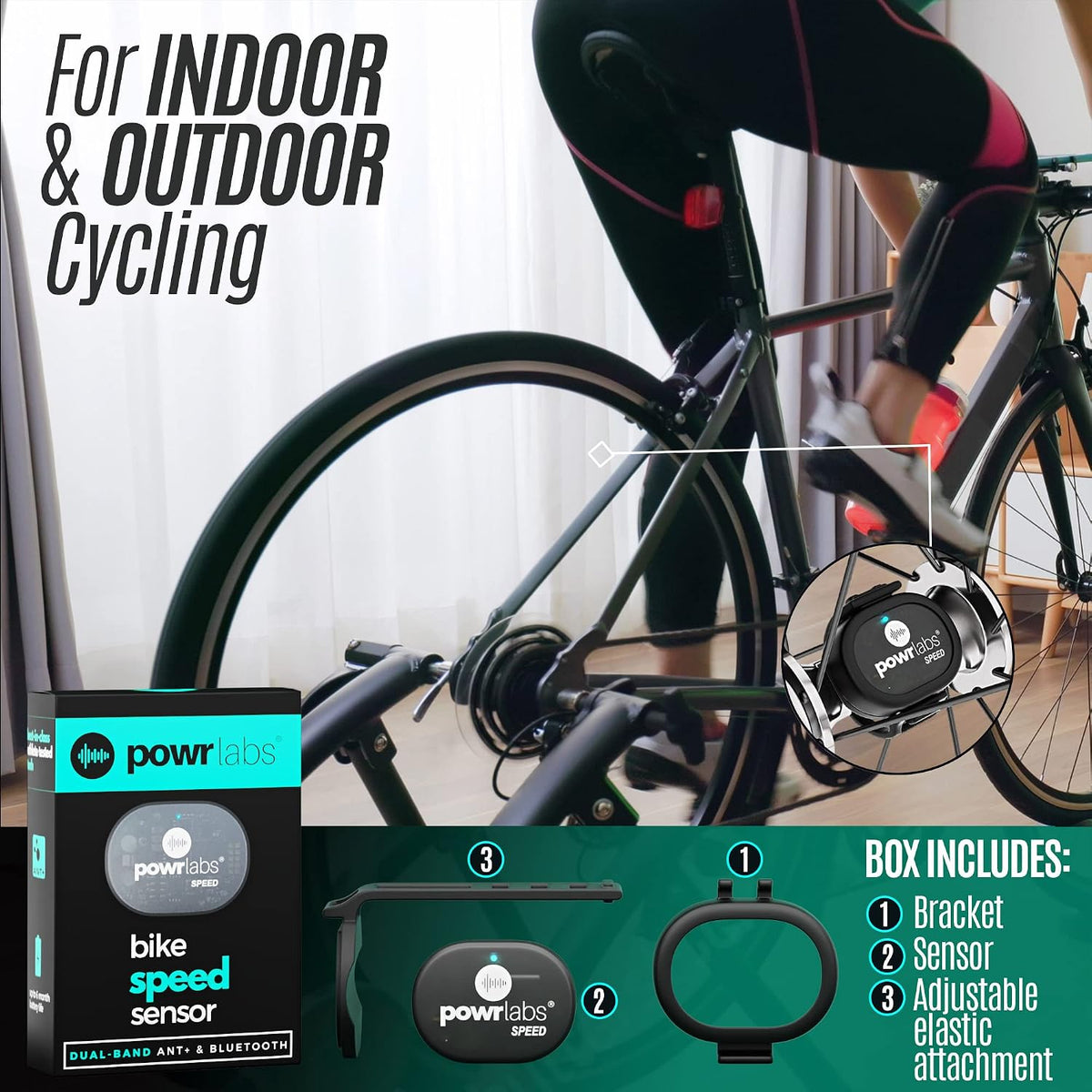 Powr Labs bike speed sensor – For indoor and outdoor cycling; box includes bracket, sensor and adjustable elastic attachment