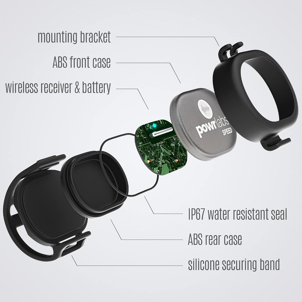 Powr Labs bike speed sensor – Exploded view: mounting bracket, ABS front case, wireless receiver and battery, water-resistant seal, ABS rear case, silicone securing band
