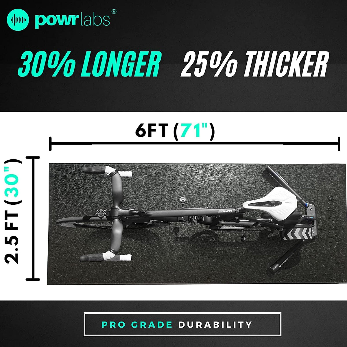 Powr Labs bike trainer mat – 30% longer and 25% thicker: 6 ft (71 in) by 2.5 ft (30 in), pro grade durability